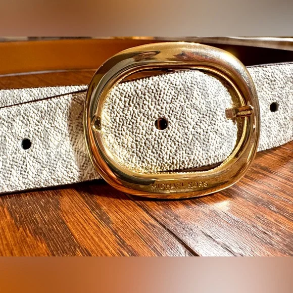 Leather Michael Kors Classic Reversible BeltWhite BrownGolden plated Buckle